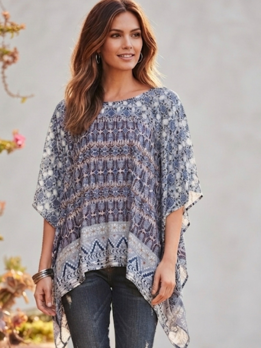 ​Forever 21 Women's Size Small Boho Printed Kaftan Poncho Top Blue/Grey Pullover